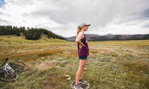 Teenage girl standing on stump